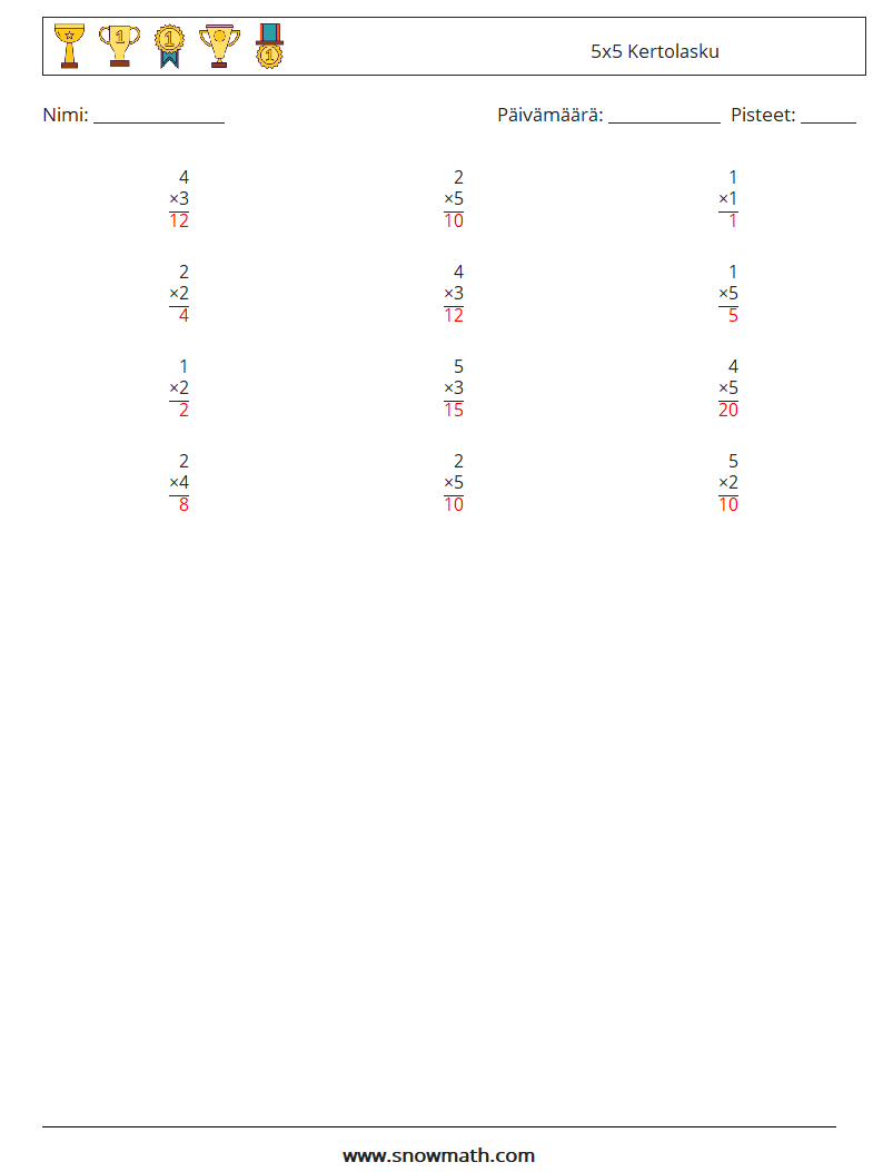 (12) 5x5 Kertolasku Matematiikan laskentataulukot 1 Kysymys, vastaus