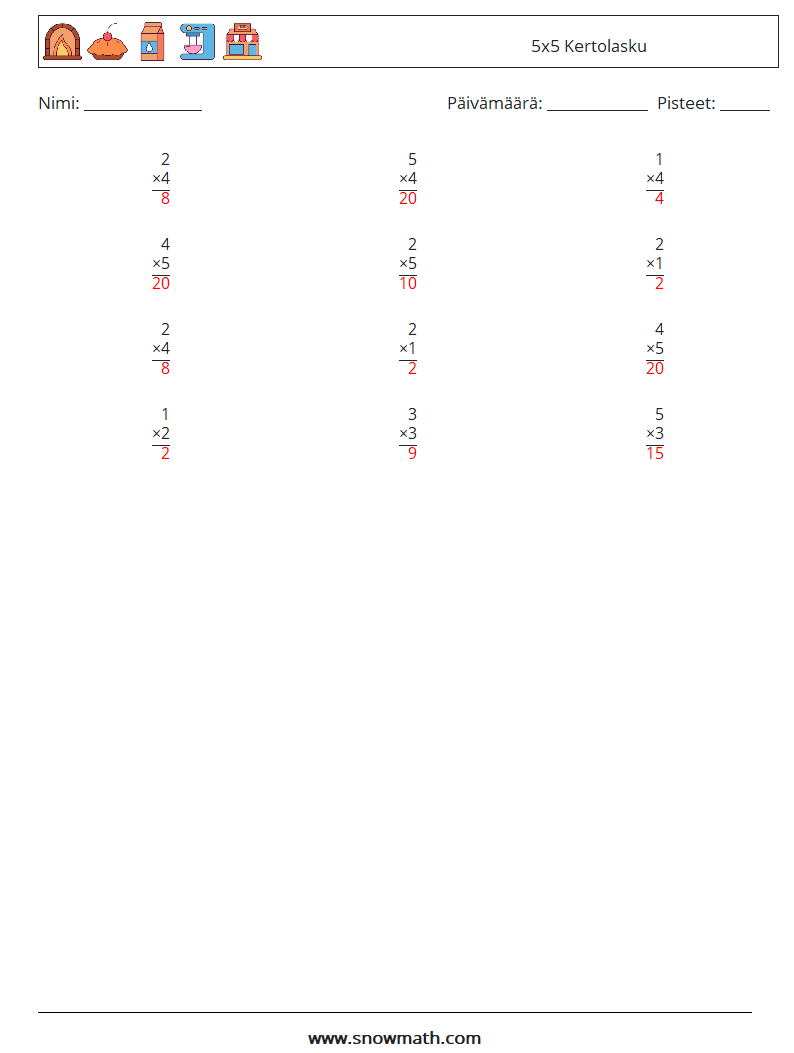 (12) 5x5 Kertolasku Matematiikan laskentataulukot 2 Kysymys, vastaus