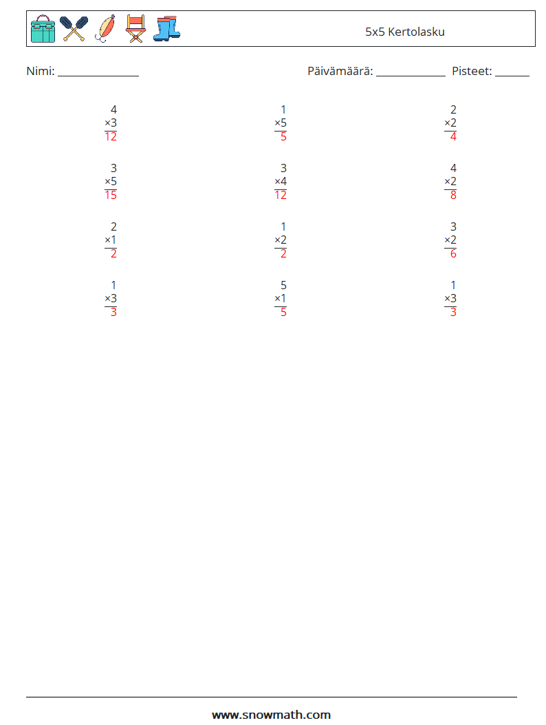 (12) 5x5 Kertolasku Matematiikan laskentataulukot 3 Kysymys, vastaus