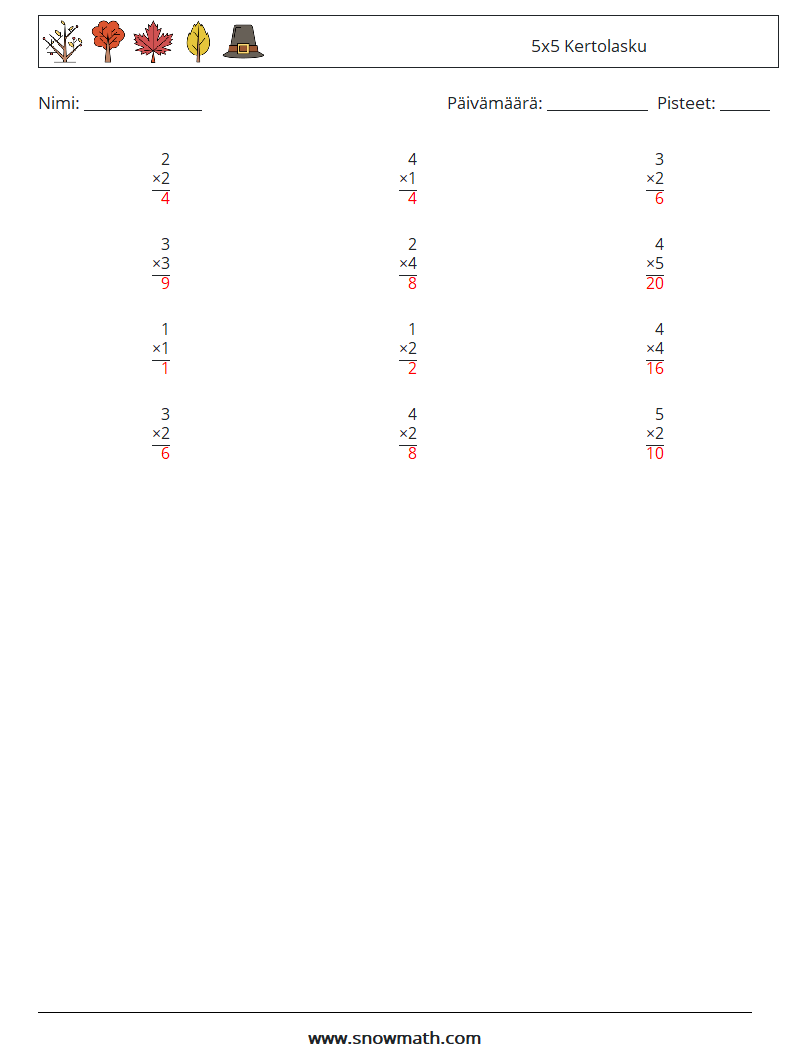 (12) 5x5 Kertolasku Matematiikan laskentataulukot 4 Kysymys, vastaus