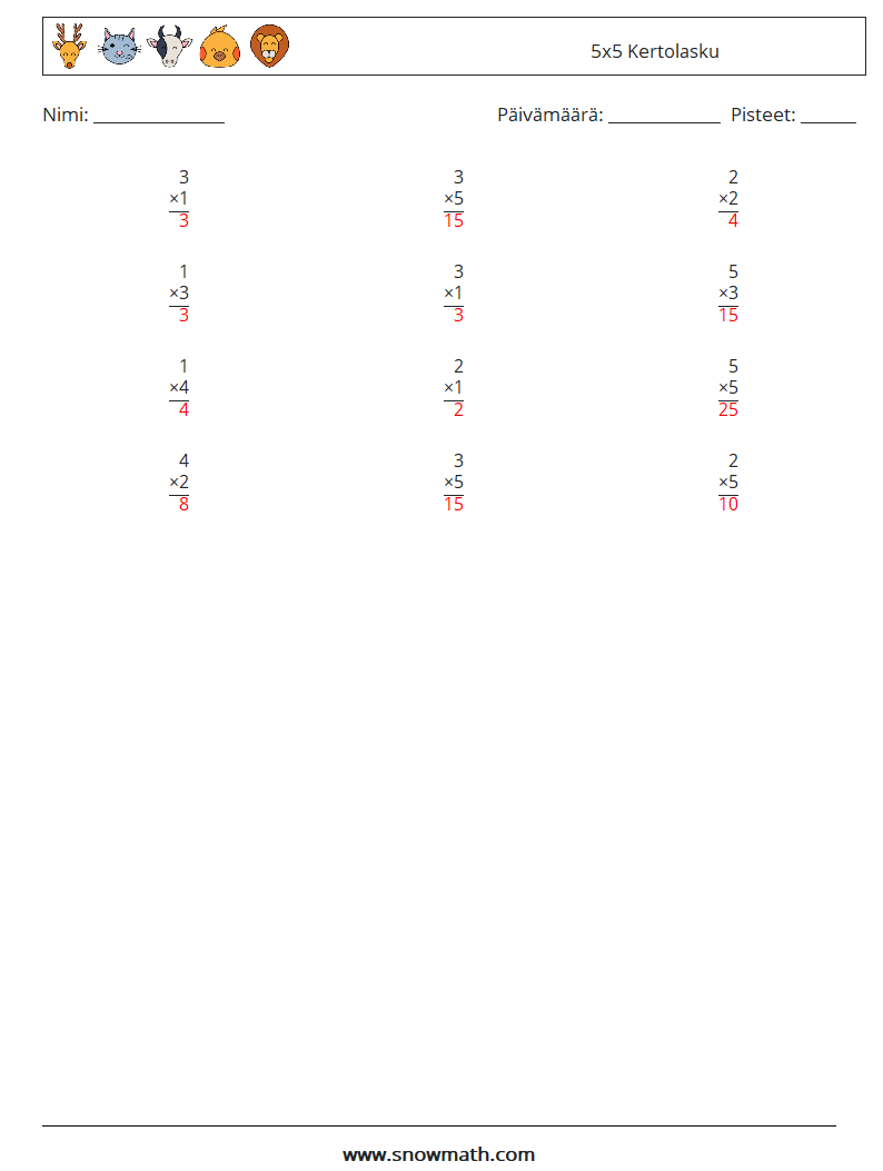 (12) 5x5 Kertolasku Matematiikan laskentataulukot 5 Kysymys, vastaus