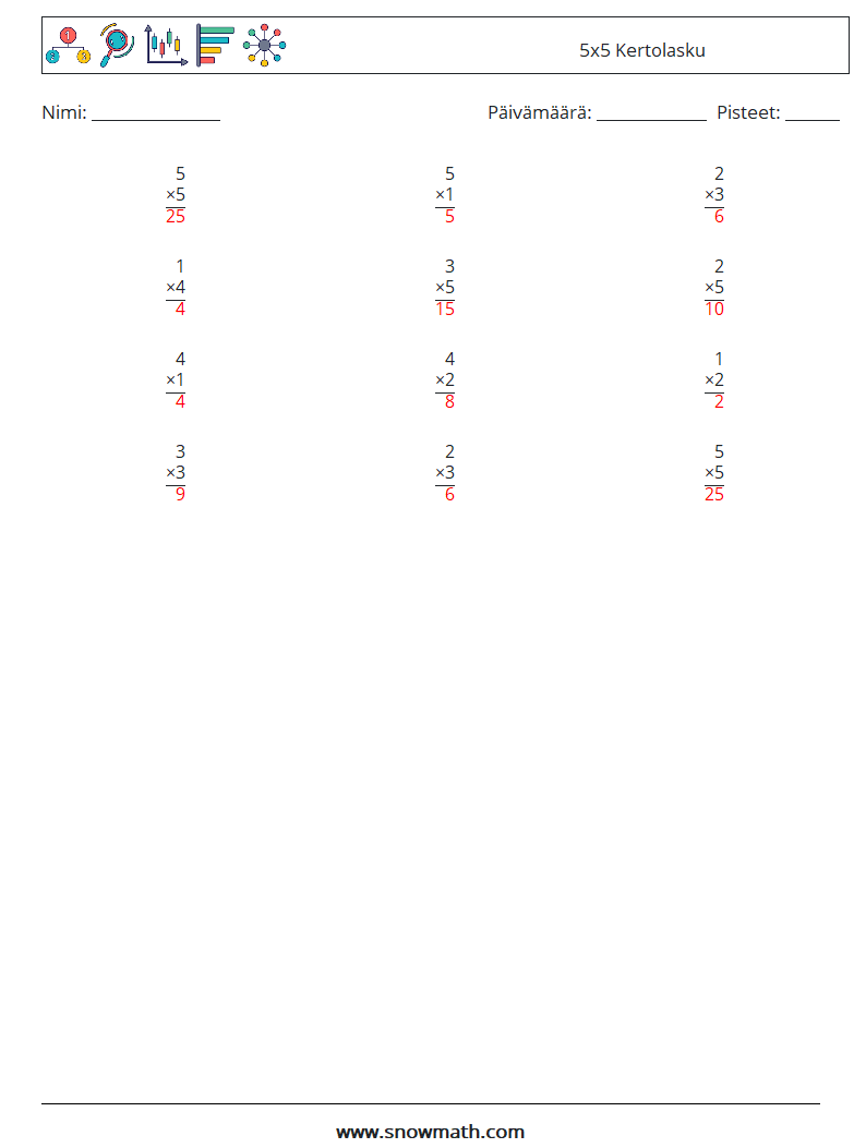 (12) 5x5 Kertolasku Matematiikan laskentataulukot 6 Kysymys, vastaus