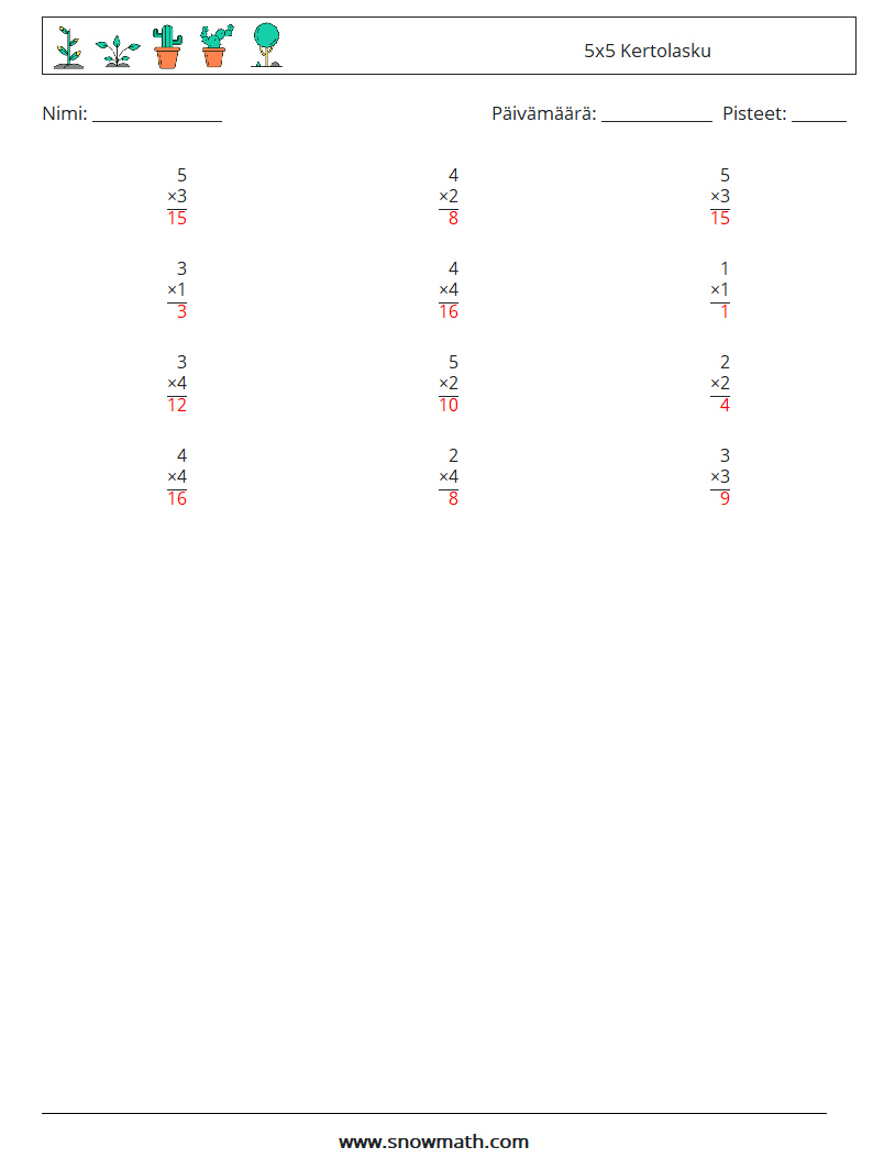 (12) 5x5 Kertolasku Matematiikan laskentataulukot 7 Kysymys, vastaus