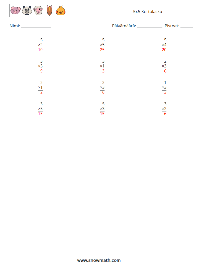 (12) 5x5 Kertolasku Matematiikan laskentataulukot 9 Kysymys, vastaus