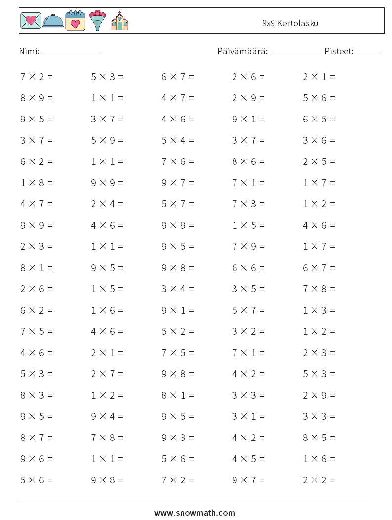 (100) 9x9 Kertolasku Matematiikan laskentataulukot 1