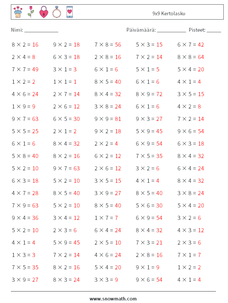 (100) 9x9 Kertolasku Matematiikan laskentataulukot 2 Kysymys, vastaus