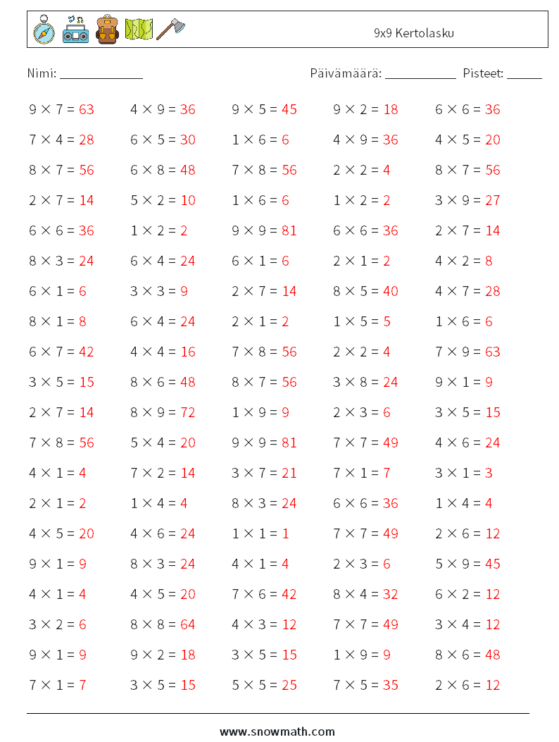 (100) 9x9 Kertolasku Matematiikan laskentataulukot 4 Kysymys, vastaus