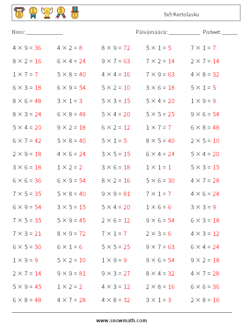 (100) 9x9 Kertolasku Matematiikan laskentataulukot 5 Kysymys, vastaus