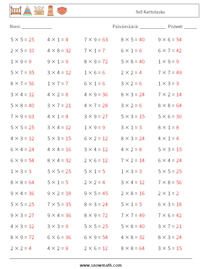 (100) 9x9 Kertolasku Matematiikan laskentataulukot 7 Kysymys, vastaus