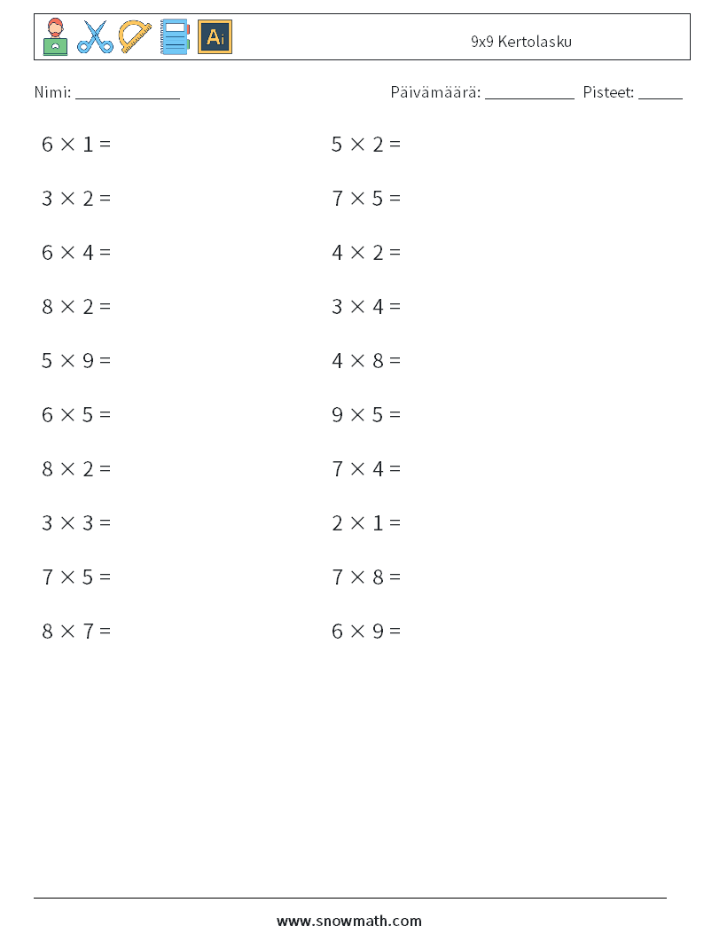 (20) 9x9 Kertolasku Matematiikan laskentataulukot 1