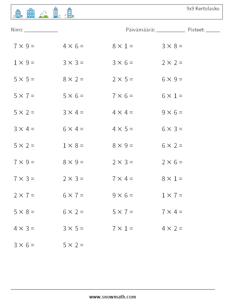 (50) 9x9 Kertolasku Matematiikan laskentataulukot 2