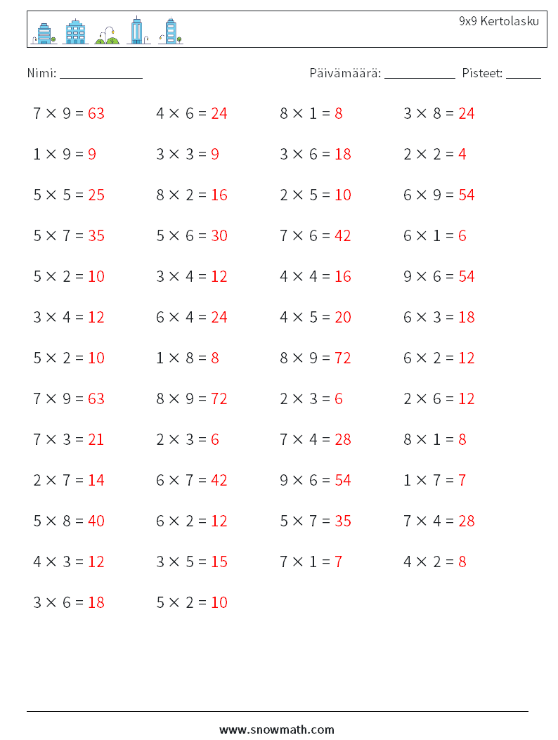 (50) 9x9 Kertolasku Matematiikan laskentataulukot 2 Kysymys, vastaus