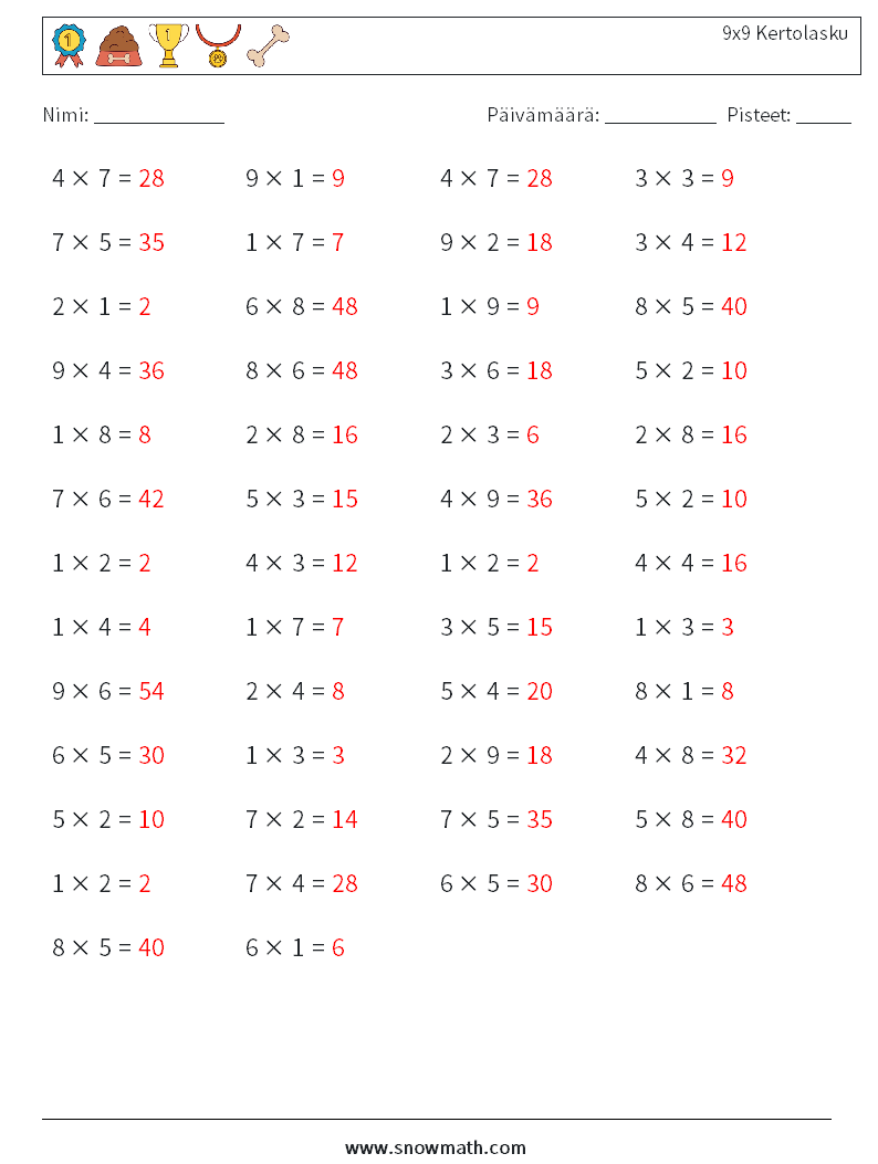 (50) 9x9 Kertolasku Matematiikan laskentataulukot 3 Kysymys, vastaus