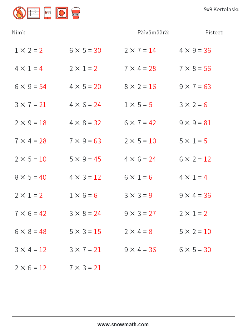 (50) 9x9 Kertolasku Matematiikan laskentataulukot 4 Kysymys, vastaus