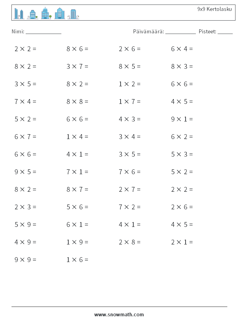 (50) 9x9 Kertolasku Matematiikan laskentataulukot 7