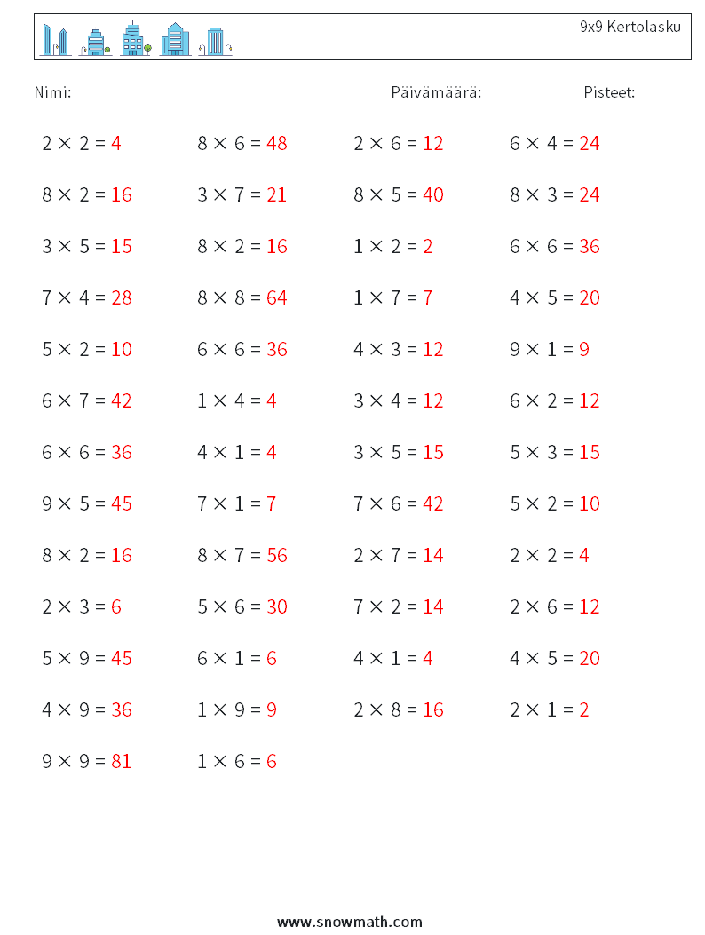 (50) 9x9 Kertolasku Matematiikan laskentataulukot 7 Kysymys, vastaus