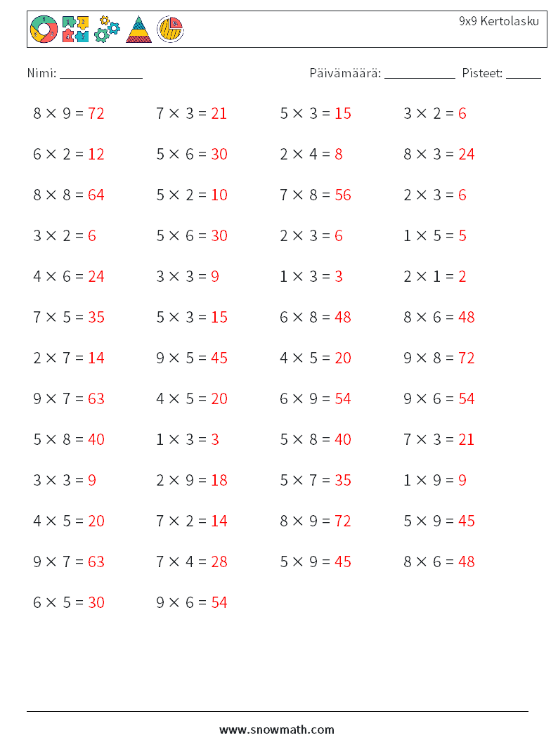 (50) 9x9 Kertolasku Matematiikan laskentataulukot 8 Kysymys, vastaus