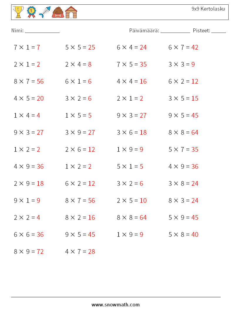 (50) 9x9 Kertolasku Matematiikan laskentataulukot 9 Kysymys, vastaus