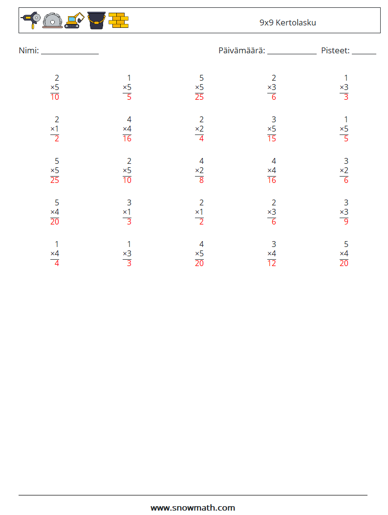 (25) 9x9 Kertolasku Matematiikan laskentataulukot 1 Kysymys, vastaus