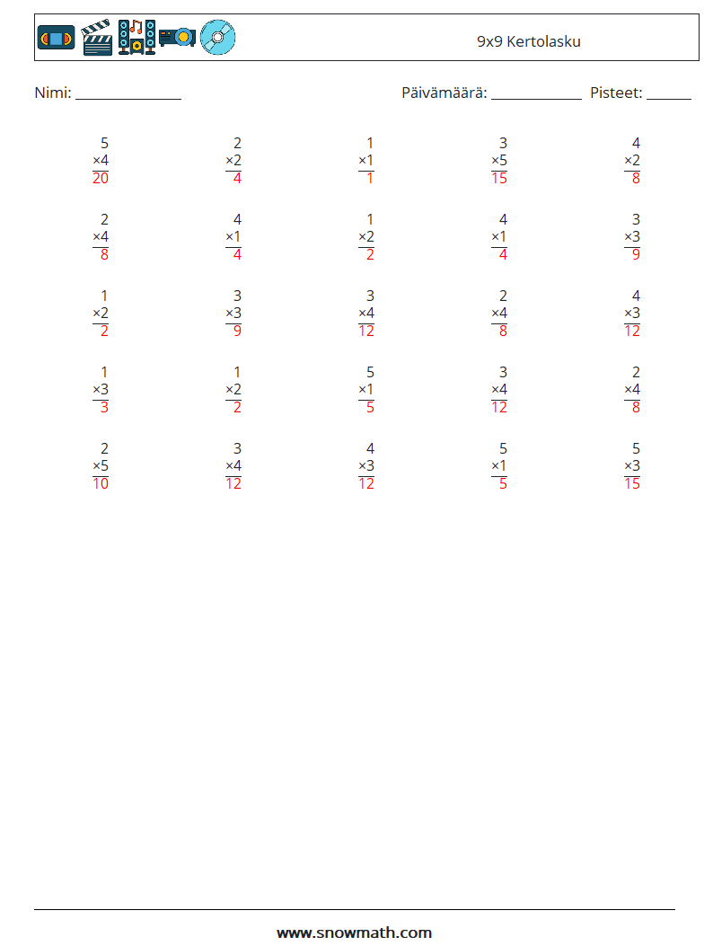 (25) 9x9 Kertolasku Matematiikan laskentataulukot 2 Kysymys, vastaus