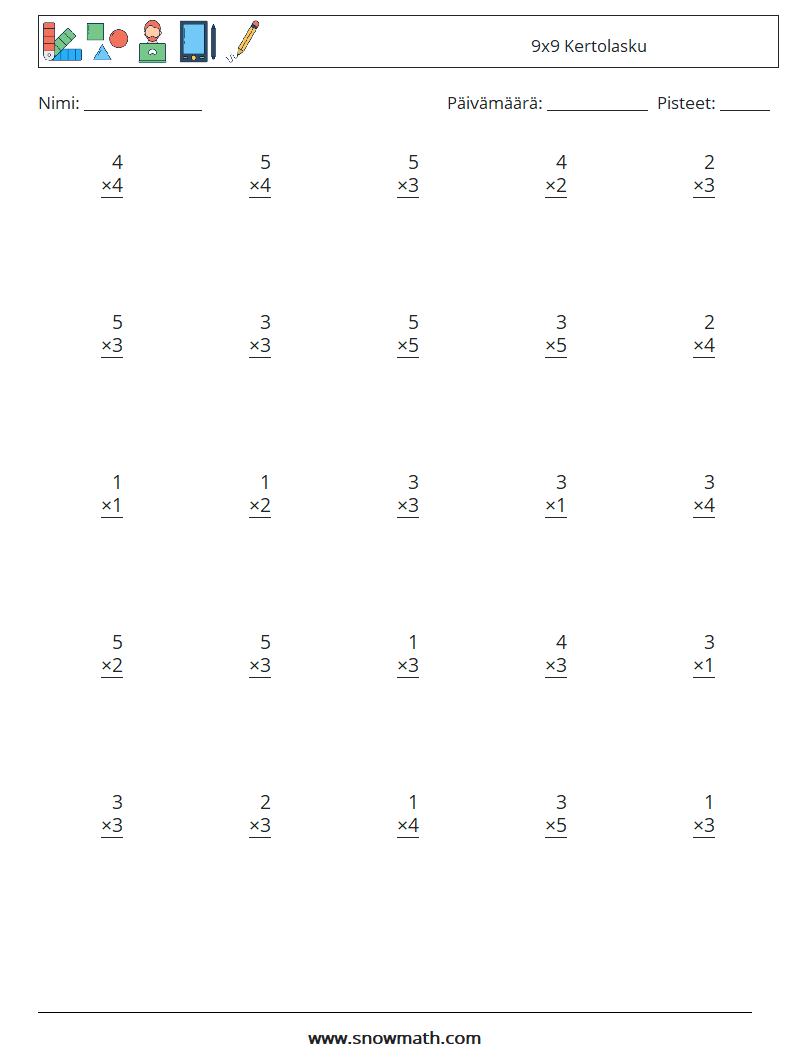 (25) 9x9 Kertolasku Matematiikan laskentataulukot 4