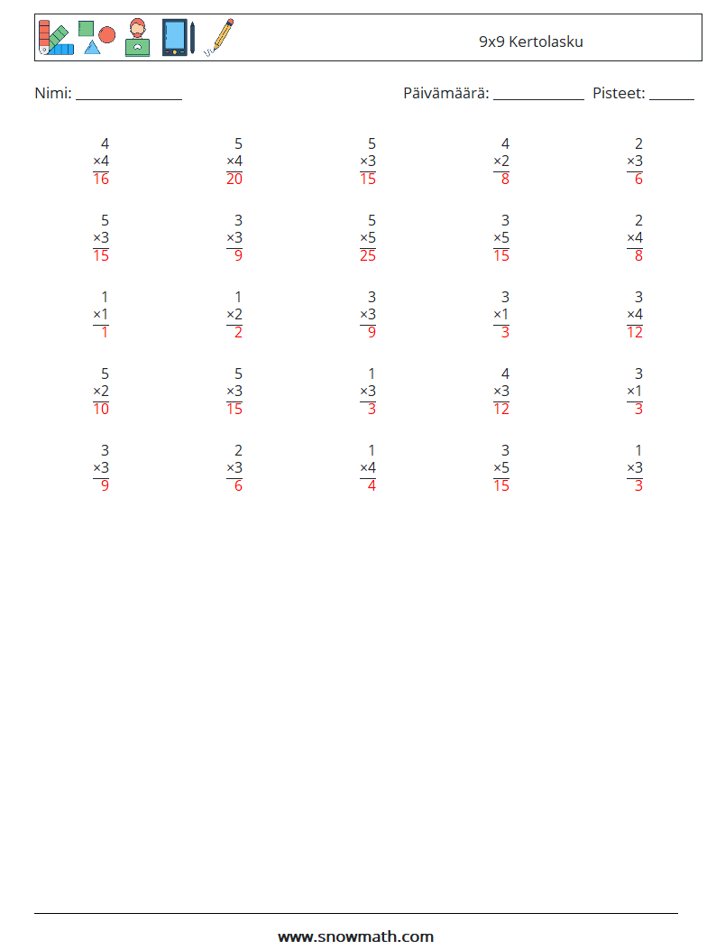 (25) 9x9 Kertolasku Matematiikan laskentataulukot 4 Kysymys, vastaus