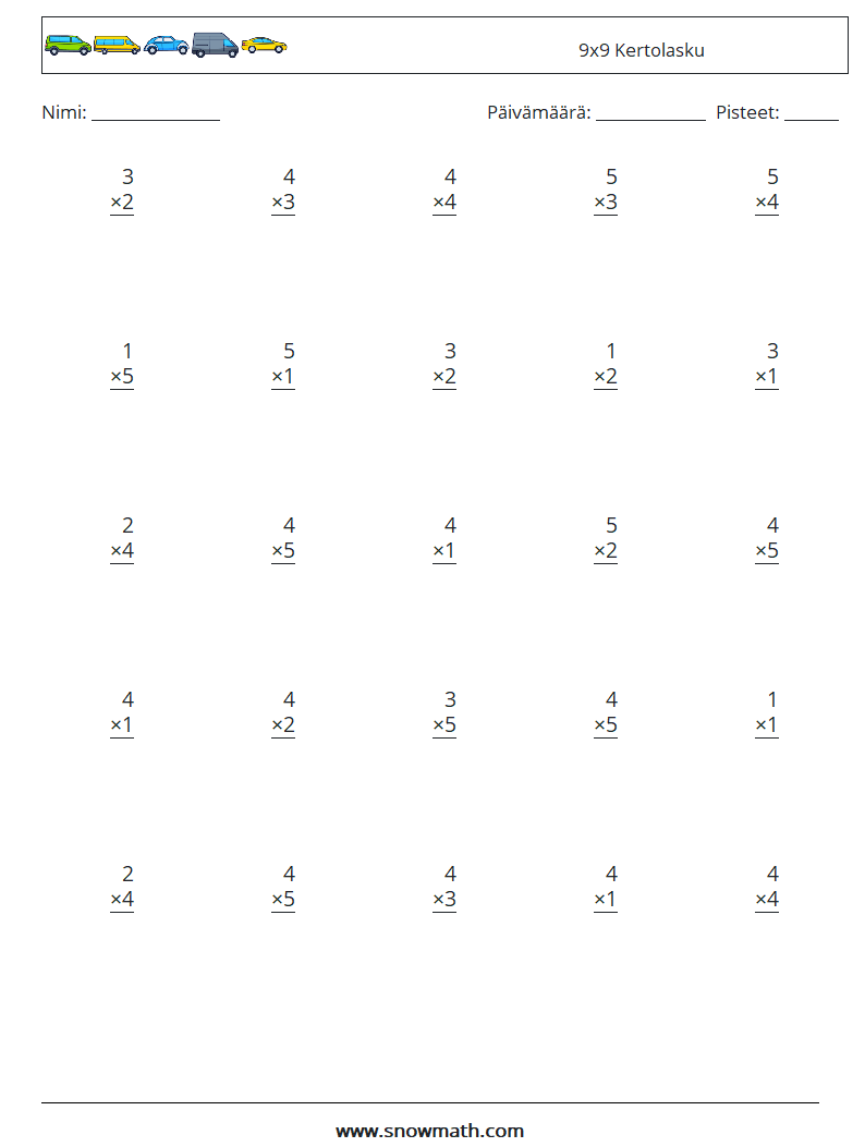 (25) 9x9 Kertolasku Matematiikan laskentataulukot 5