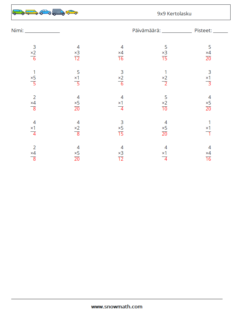 (25) 9x9 Kertolasku Matematiikan laskentataulukot 5 Kysymys, vastaus