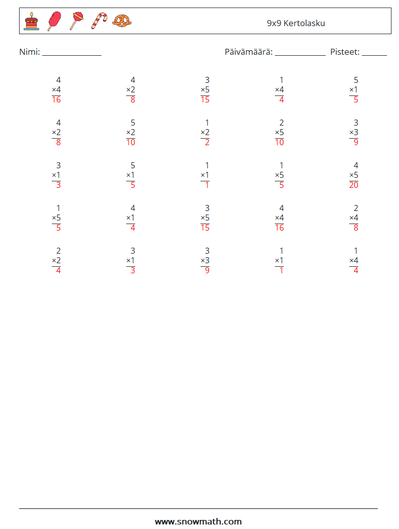 (25) 9x9 Kertolasku Matematiikan laskentataulukot 6 Kysymys, vastaus
