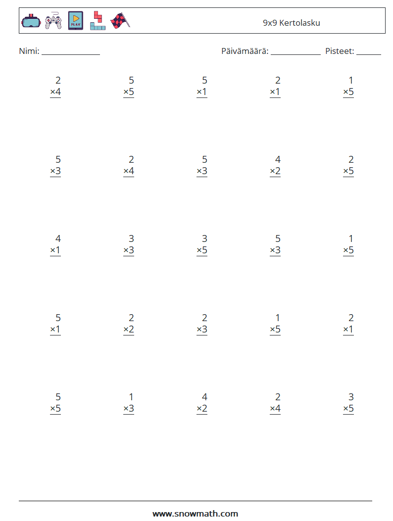 (25) 9x9 Kertolasku Matematiikan laskentataulukot 7