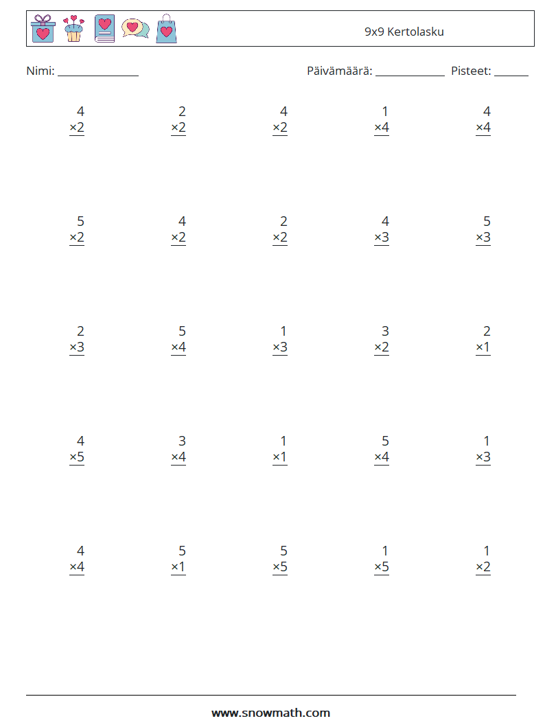 (25) 9x9 Kertolasku Matematiikan laskentataulukot 9