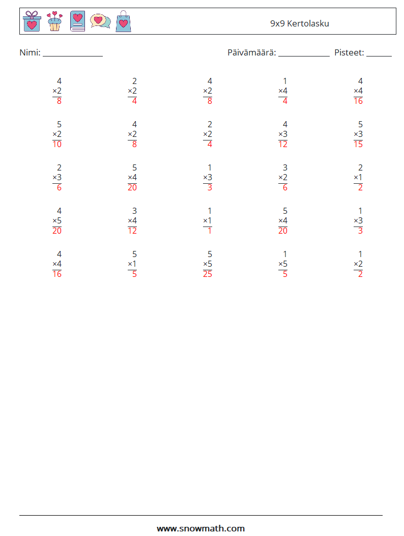 (25) 9x9 Kertolasku Matematiikan laskentataulukot 9 Kysymys, vastaus