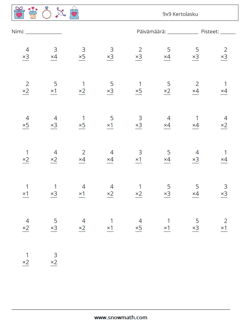 (50) 9x9 Kertolasku Matematiikan laskentataulukot 1