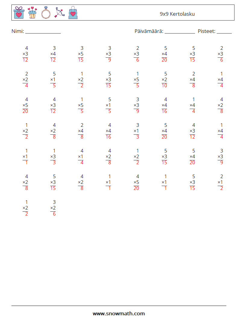 (50) 9x9 Kertolasku Matematiikan laskentataulukot 1 Kysymys, vastaus