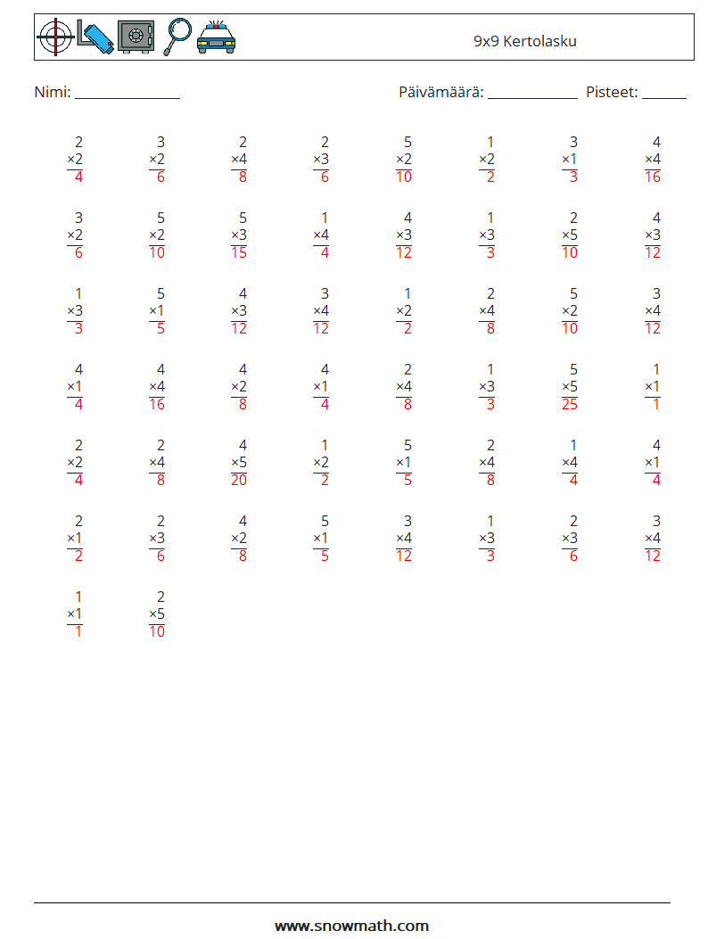 (50) 9x9 Kertolasku Matematiikan laskentataulukot 2 Kysymys, vastaus