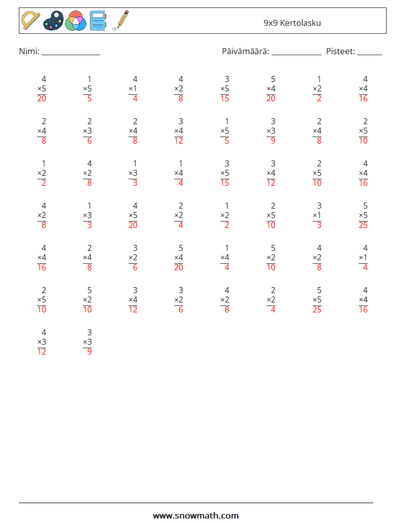 (50) 9x9 Kertolasku Matematiikan laskentataulukot 3 Kysymys, vastaus