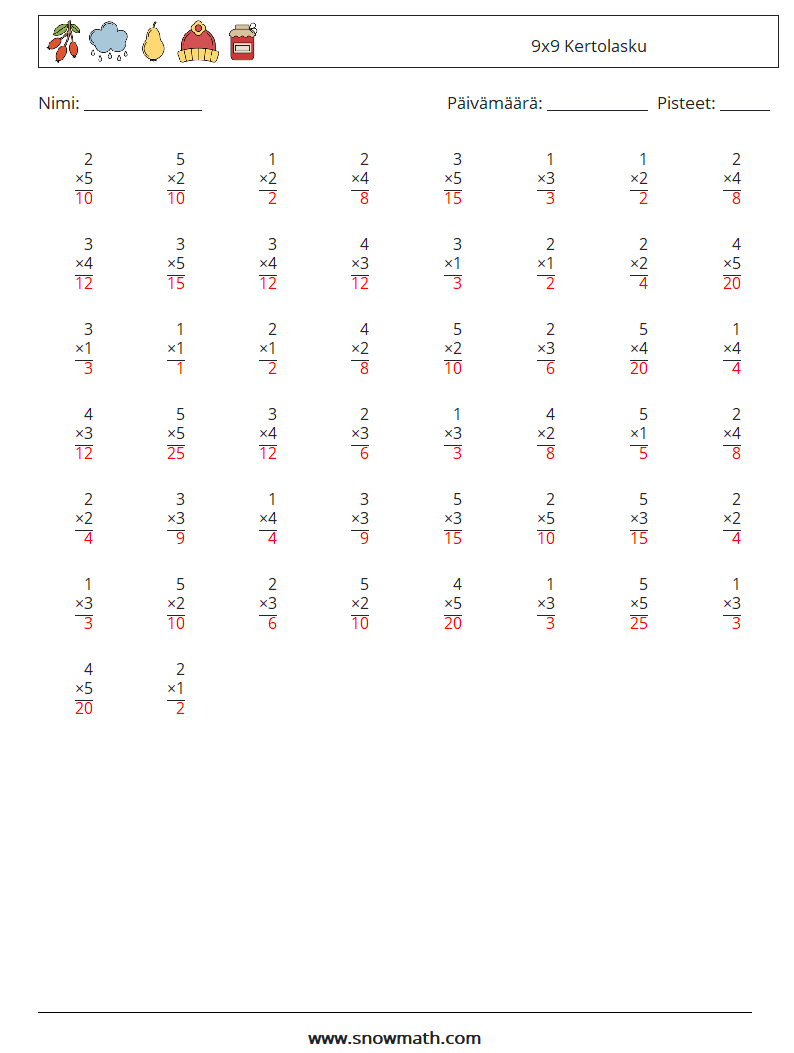 (50) 9x9 Kertolasku Matematiikan laskentataulukot 4 Kysymys, vastaus