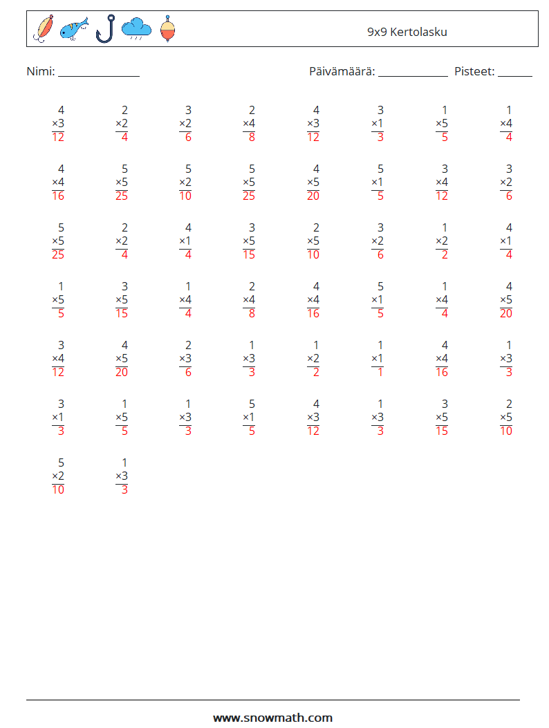 (50) 9x9 Kertolasku Matematiikan laskentataulukot 5 Kysymys, vastaus