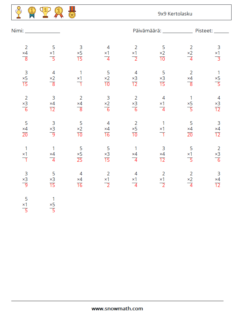 (50) 9x9 Kertolasku Matematiikan laskentataulukot 6 Kysymys, vastaus