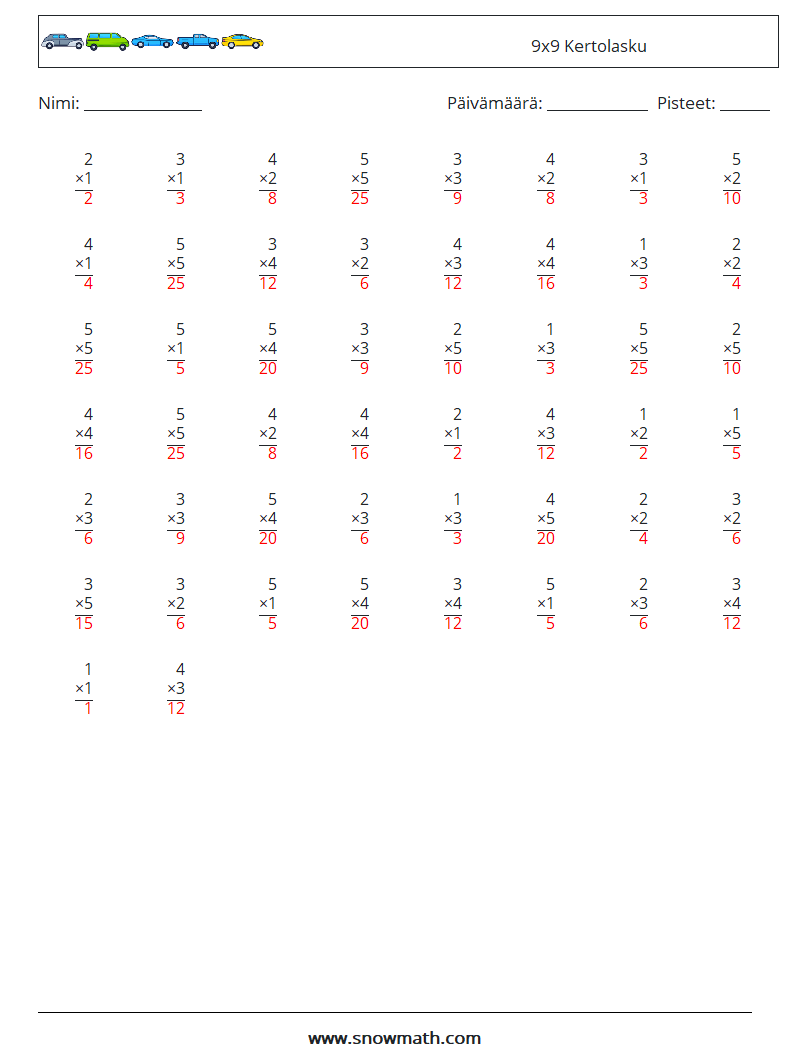 (50) 9x9 Kertolasku Matematiikan laskentataulukot 8 Kysymys, vastaus