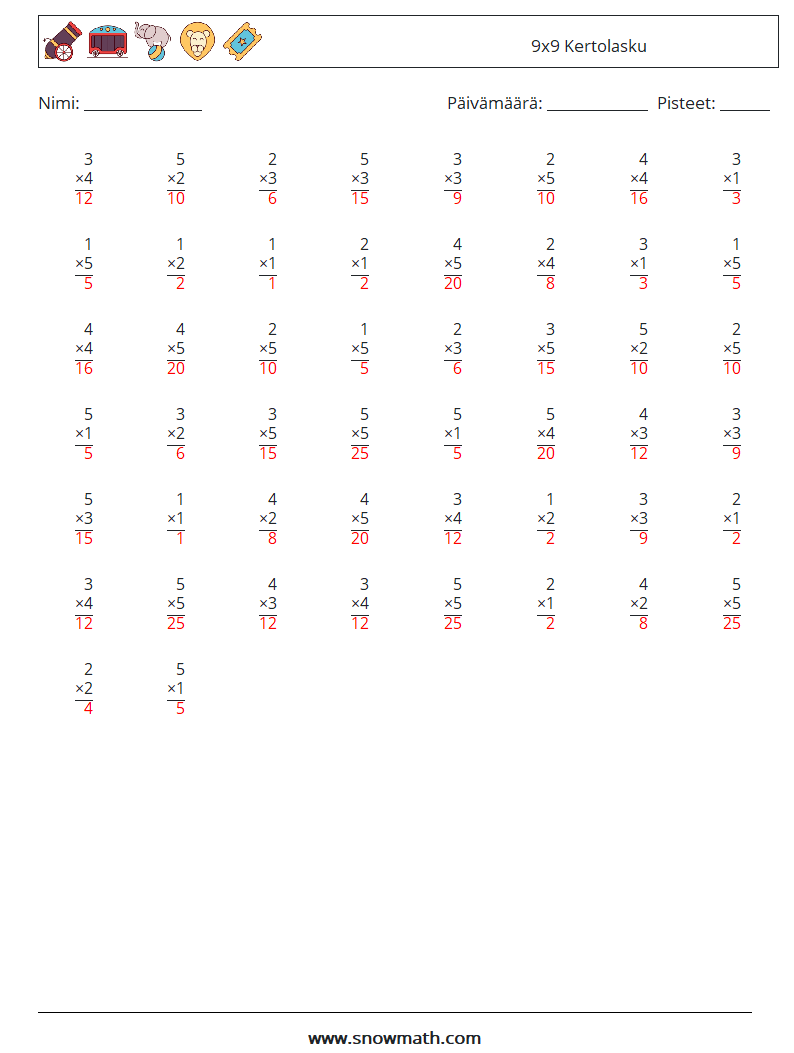 (50) 9x9 Kertolasku Matematiikan laskentataulukot 9 Kysymys, vastaus