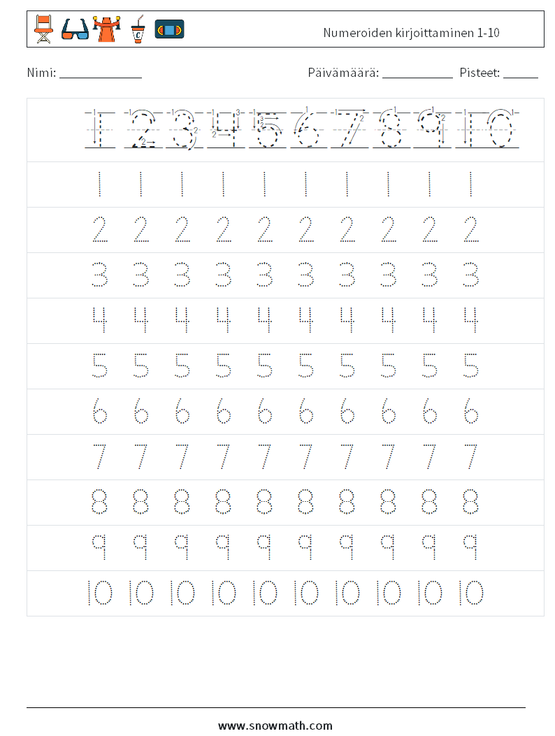 Numeroiden kirjoittaminen 1-10 Matematiikan laskentataulukot 1