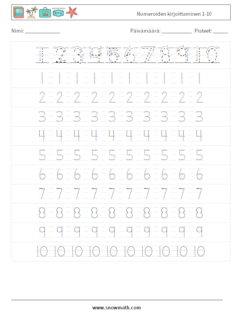 Numeroiden kirjoittaminen 1-10 Matematiikan laskentataulukot 2