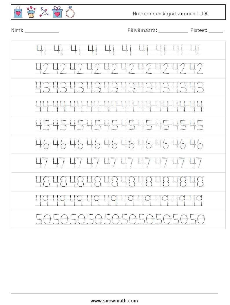 Numeroiden kirjoittaminen 1-100 Matematiikan laskentataulukot 10
