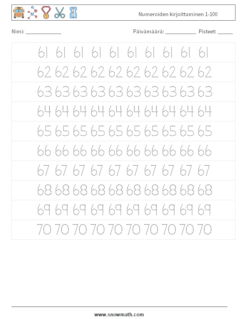 Numeroiden kirjoittaminen 1-100 Matematiikan laskentataulukot 13