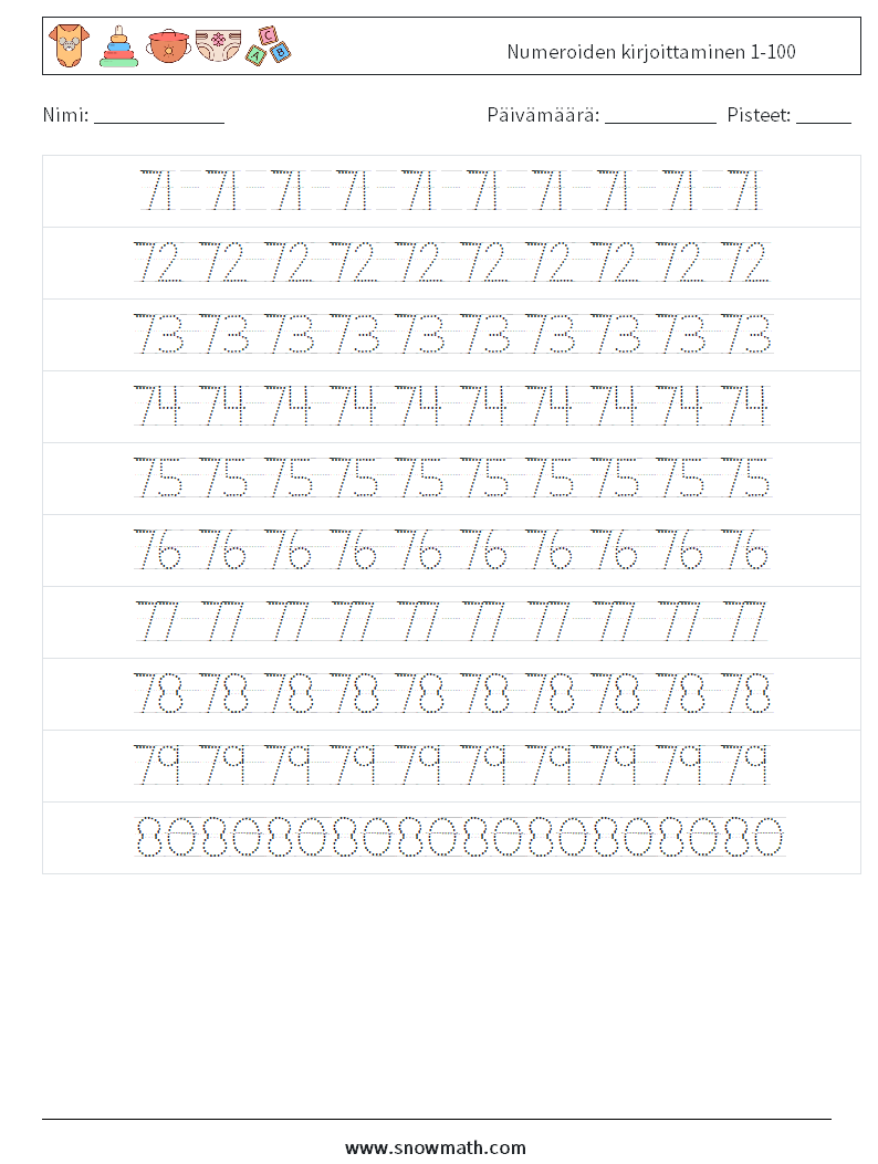 Numeroiden kirjoittaminen 1-100 Matematiikan laskentataulukot 16