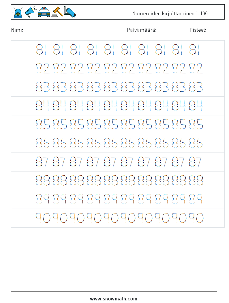 Numeroiden kirjoittaminen 1-100 Matematiikan laskentataulukot 17