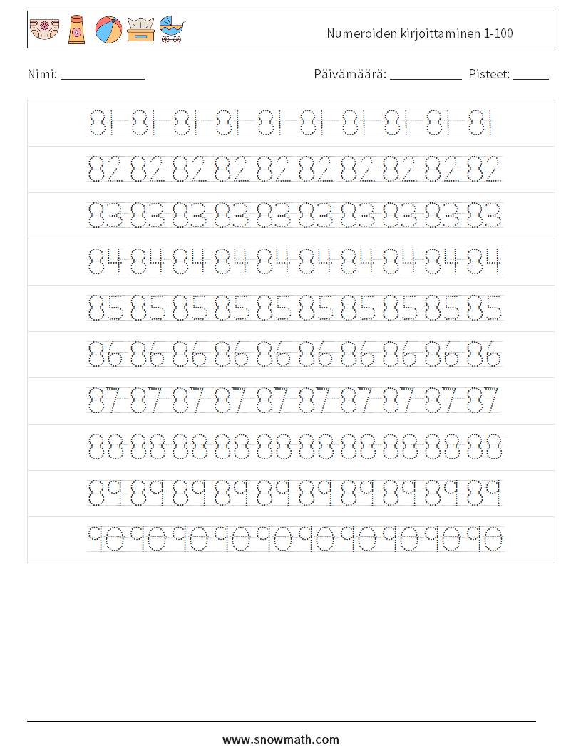 Numeroiden kirjoittaminen 1-100 Matematiikan laskentataulukot 18