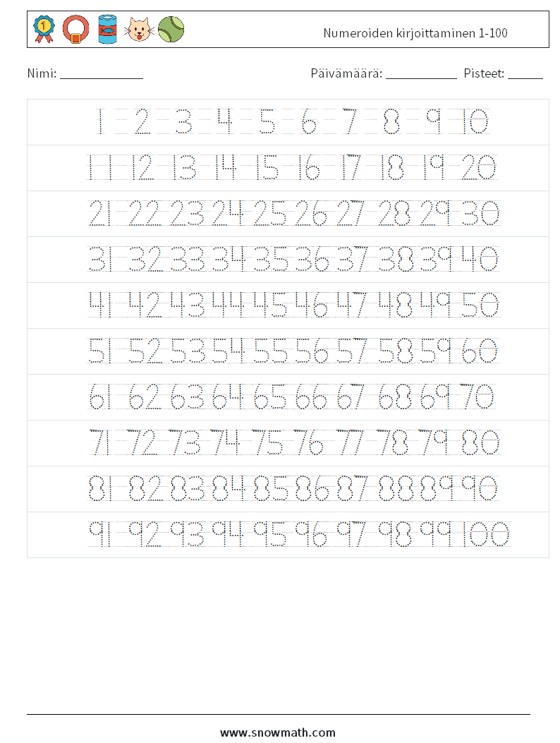 Numeroiden kirjoittaminen 1-100 Matematiikan laskentataulukot 2