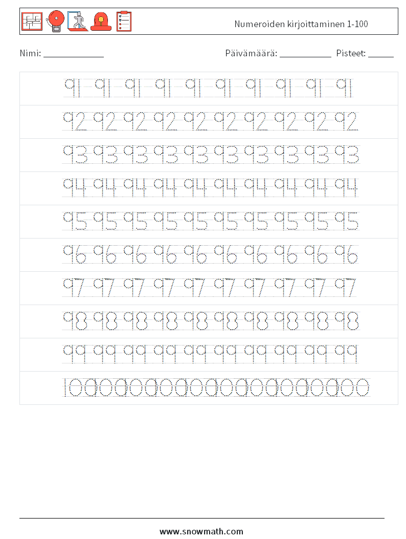 Numeroiden kirjoittaminen 1-100 Matematiikan laskentataulukot 20